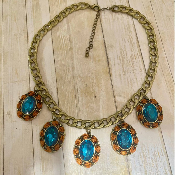Vintage Chunky Chain Blue Crystal Statement Necklace - Picture 1 of 10
